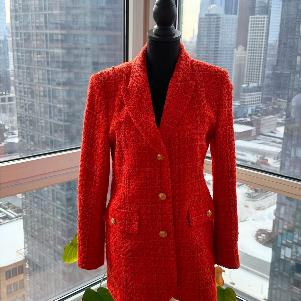 Women’s Orange Tweed Blazer Jacket - Classic Tailored Coat